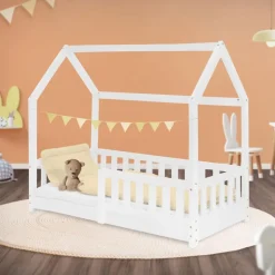 Kinderbett Hausbett 70x140 cm Weiß aus Kiefernholz mit Rausfallschutz Dach und Lattenrost Holzbett ML-Design