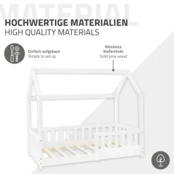 Kinderbett Hausbett 70x140 cm Weiß aus Kiefernholz mit Rausfallschutz Dach und Lattenrost Holzbett ML-Design