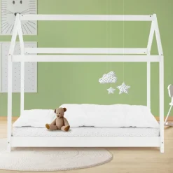 Kinderbett Hausbett 80x160 cm Weiß aus Kiefernholz Holzbett mit Dach und Lattenrost ML-Design