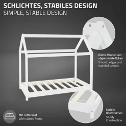 Kinderbett Hausbett 80x160 cm Weiß aus Kiefernholz Holzbett mit Dach und Lattenrost ML-Design