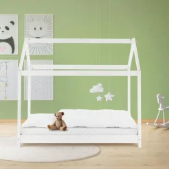 Kinderbett Hausbett 80x160 cm Weiß aus Kiefernholz Holzbett mit Dach und Lattenrost ML-Design