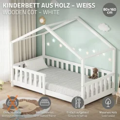 Kinderbett Hausbett 80x160 cm Weiß aus Kiefernholz Holzbett mit Rausfallschutz und Lattenrost ML-Design