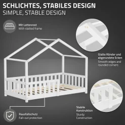 Kinderbett Hausbett 80x160 cm Weiß aus Kiefernholz Holzbett mit Rausfallschutz und Lattenrost ML-Design