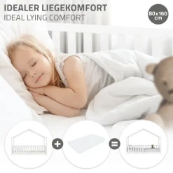 Kinderbett Hausbett 80x160 cm Weiß aus Kiefernholz Holzbett mit Rausfallschutz und Lattenrost ML-Design