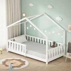 Kinderbett Hausbett 80x160 cm Weiß aus Kiefernholz Holzbett mit Rausfallschutz und Lattenrost ML-Design
