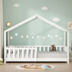 Kinderbett Hausbett 80x160 cm Weiß aus Kiefernholz Holzbett mit Rausfallschutz und Lattenrost ML-Design