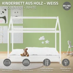 Kinderbett Hausbett 80x160 cm Weiß aus Kiefernholz inkl. Matratze H-10cm Holzbett mit Dach und Lattenrost ML-Design