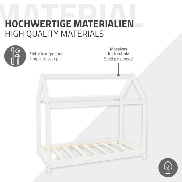 Kinderbett Hausbett 80x160 cm Weiß aus Kiefernholz inkl. Matratze H-10cm Holzbett mit Dach und Lattenrost ML-Design