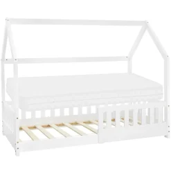Kinderbett Hausbett 80x160 cm Weiß aus Kiefernholz inkl. Matratze H-10cm Rausfallschutz Dach und Lattenrost ML-Design