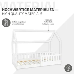 Kinderbett Hausbett 80x160 cm Weiß aus Kiefernholz inkl. Matratze H-10cm Rausfallschutz Dach und Lattenrost ML-Design