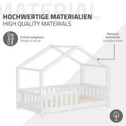 Kinderbett Hausbett 80x160 cm Weiß aus Kiefernholz mit Matratze H:10cm Rausfallschutz und Lattenrost ML-Design