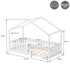 Kinderbett Hausbett 80x160 cm Weiß aus Kiefernholz mit Matratze H:10cm Rausfallschutz und Lattenrost ML-Design