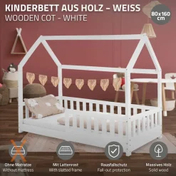 Kinderbett Hausbett 80x160 cm Weiß aus Kiefernholz mit Rausfallschutz Dach und Lattenrost Holzbett ML-Design