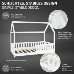 Kinderbett Hausbett 80x160 cm Weiß aus Kiefernholz mit Rausfallschutz Dach und Lattenrost Holzbett ML-Design