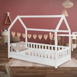 Kinderbett Hausbett 80x160 cm Weiß aus Kiefernholz mit Rausfallschutz Dach und Lattenrost Holzbett ML-Design