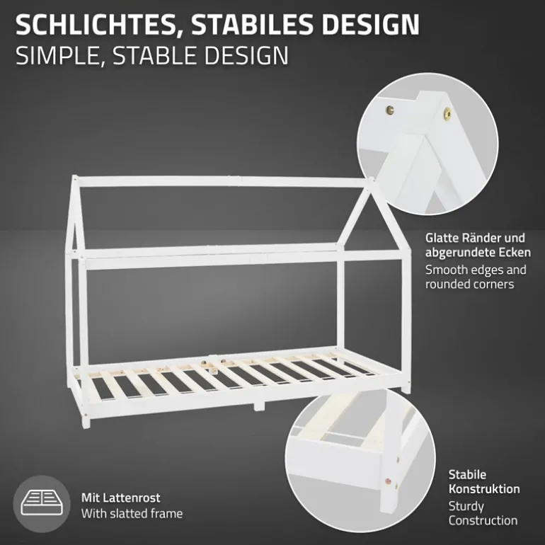 Kinderbett Hausbett 90x200 cm Weiß aus Kiefernholz Holzbett mit Dach und Lattenrost ML-Design