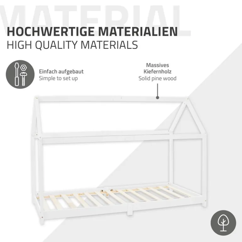Kinderbett Hausbett 90x200 cm Weiß aus Kiefernholz Holzbett mit Dach und Lattenrost ML-Design