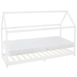 Kinderbett Hausbett 90x200 cm Weiß aus Kiefernholz inkl. Matratze H-16cm Holzbett mit Dach und Lattenrost ML-Design