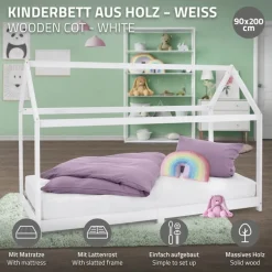 Kinderbett Hausbett 90x200 cm Weiß aus Kiefernholz inkl. Matratze H-16cm Holzbett mit Dach und Lattenrost ML-Design