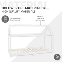 Kinderbett Hausbett 90x200 cm Weiß aus Kiefernholz inkl. Matratze H-16cm Holzbett mit Dach und Lattenrost ML-Design
