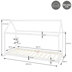 Kinderbett Hausbett 90x200 cm Weiß aus Kiefernholz inkl. Matratze H-16cm Holzbett mit Dach und Lattenrost ML-Design