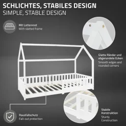 Kinderbett Hausbett 90x200 cm Weiß aus Kiefernholz inkl. Matratze H-16cm Rausfallschutz Dach und Lattenrost ML-Design