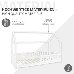 Kinderbett Hausbett 90x200 cm Weiß aus Kiefernholz inkl. Matratze H-16cm Rausfallschutz Dach und Lattenrost ML-Design