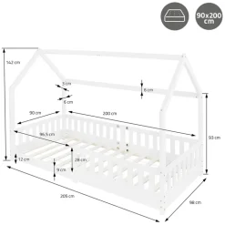 Kinderbett Hausbett 90x200 cm Weiß aus Kiefernholz inkl. Matratze H-16cm Rausfallschutz Dach und Lattenrost ML-Design