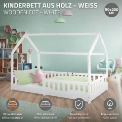 Kinderbett Hausbett 90x200 cm Weiß aus Kiefernholz mit Rausfallschutz Dach und Lattenrost Holzbett ML-Design