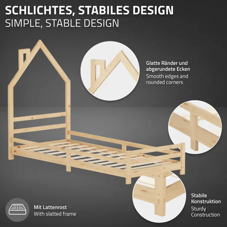 Kinderbett Haus 90x200 cm Natur Hausbett für Kinder Holzbett mit Lattenrost Schornstein Design ML-Design