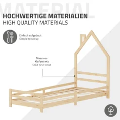 Kinderbett Haus 90x200 cm Natur Hausbett für Kinder Holzbett mit Lattenrost Schornstein Design ML-Design
