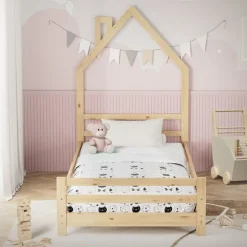 Kinderbett Haus 90x200 cm Natur Hausbett für Kinder Holzbett mit Lattenrost Schornstein Design ML-Design