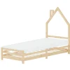 Kinderbett Haus 90x200 cm Natur mit Matratze H:10cm Holzbett für Kinder mit Lattenrost Schornstein Design ML-Design
