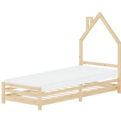 Kinderbett Haus 90x200 cm Natur mit Matratze H:10cm Holzbett für Kinder mit Lattenrost Schornstein Design ML-Design