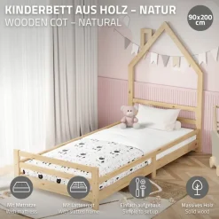 Kinderbett Haus 90x200 cm Natur mit Matratze H:10cm Holzbett für Kinder mit Lattenrost Schornstein Design ML-Design
