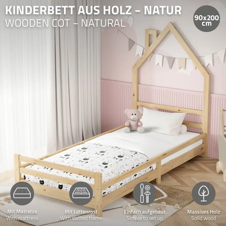 Kinderbett Haus 90x200 cm Natur mit Matratze H:10cm Holzbett für Kinder mit Lattenrost Schornstein Design ML-Design