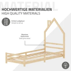 Kinderbett Haus 90x200 cm Natur mit Matratze H:10cm Holzbett für Kinder mit Lattenrost Schornstein Design ML-Design