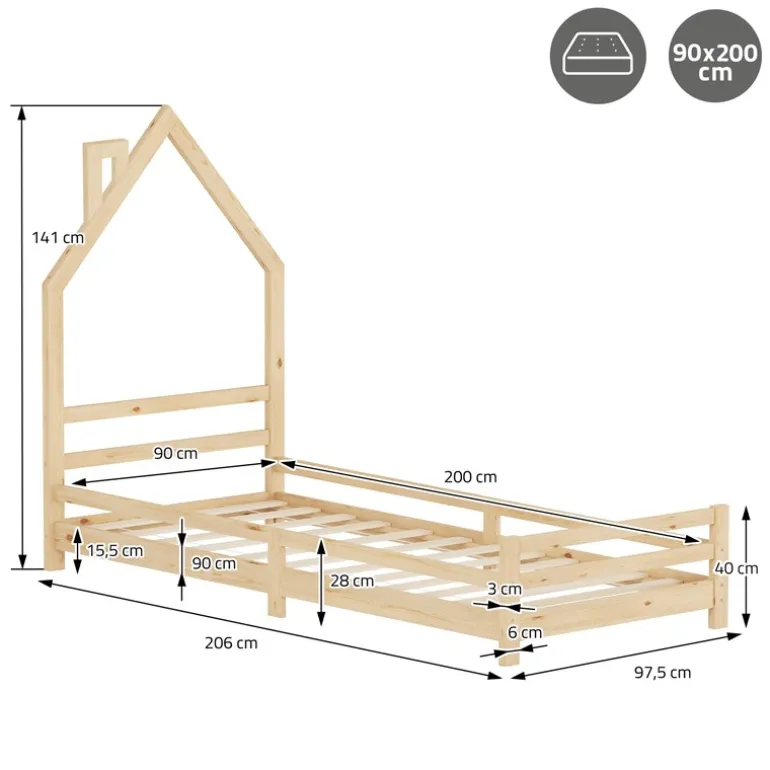 Kinderbett Haus 90x200 cm Natur mit Matratze H:10cm Holzbett für Kinder mit Lattenrost Schornstein Design ML-Design