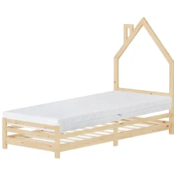 Kinderbett Haus 90x200 cm Natur mit Matratze H:16cm Holzbett für Kinder mit Lattenrost Schornstein Design ML-Design
