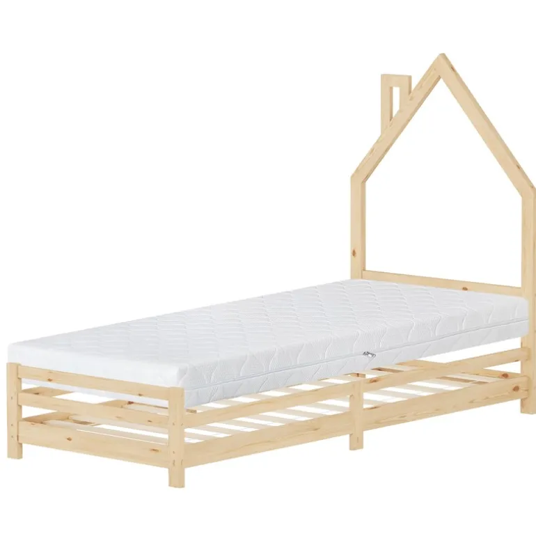 Kinderbett Haus 90x200 cm Natur mit Matratze H:16cm Holzbett für Kinder mit Lattenrost Schornstein Design ML-Design