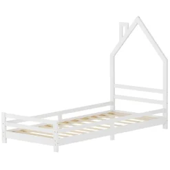 Kinderbett Haus 90x200 cm Weiß Hausbett für Kinder Holzbett mit Lattenrost Schornstein Design ML-Design