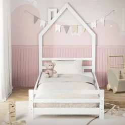 Kinderbett Haus 90x200 cm Weiß Hausbett für Kinder Holzbett mit Lattenrost Schornstein Design ML-Design