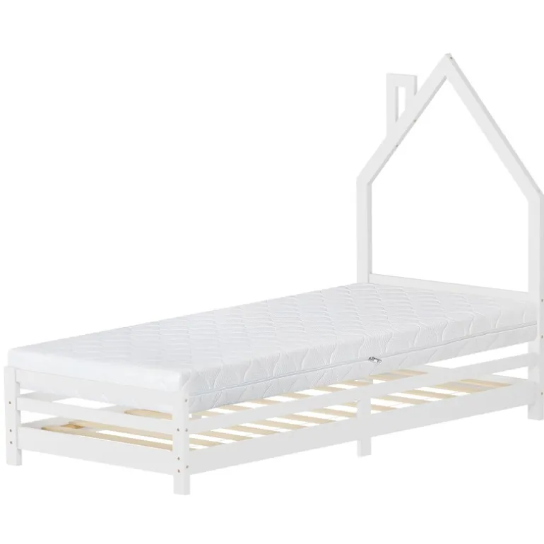 Kinderbett Haus 90x200 cm Weiß mit Matratze H:16cm Holzbett für Kinder mit Lattenrost Schornstein Design ML-Design