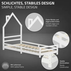 Kinderbett Haus 90x200 cm Weiß mit Matratze H:16cm Holzbett für Kinder mit Lattenrost Schornstein Design ML-Design