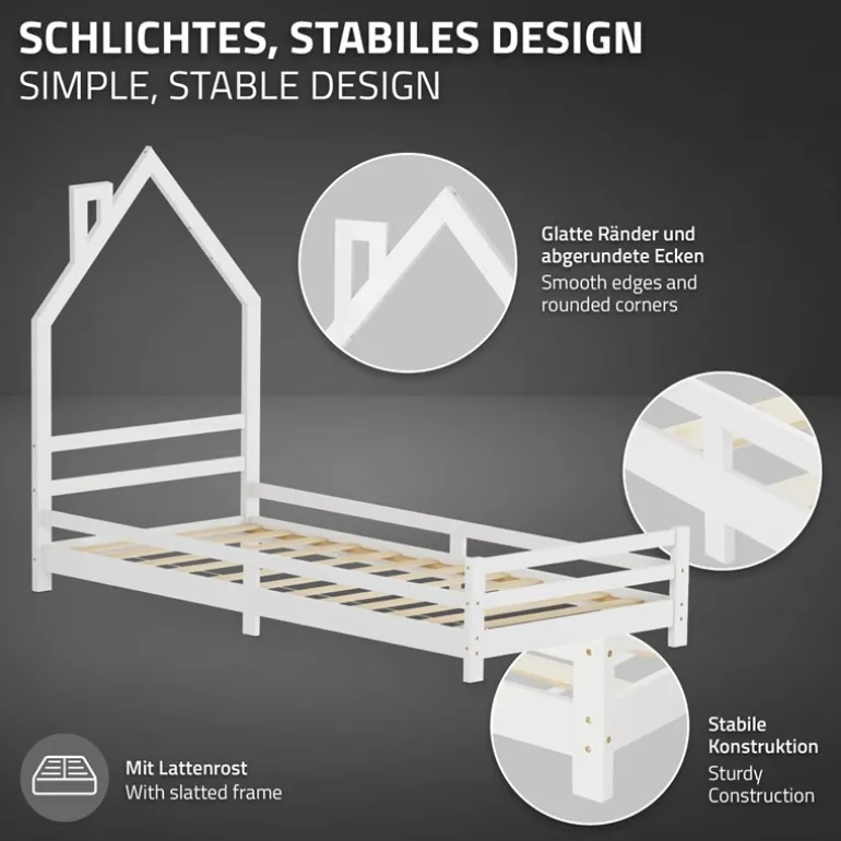 Kinderbett Haus 90x200 cm Weiß mit Matratze H:16cm Holzbett für Kinder mit Lattenrost Schornstein Design ML-Design
