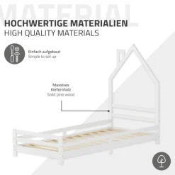 Kinderbett Haus 90x200 cm Weiß mit Matratze H:16cm Holzbett für Kinder mit Lattenrost Schornstein Design ML-Design