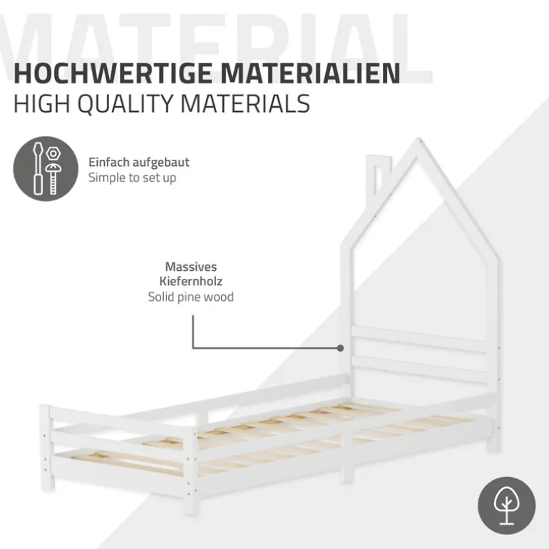 Kinderbett Haus 90x200 cm Weiß mit Matratze H:16cm Holzbett für Kinder mit Lattenrost Schornstein Design ML-Design