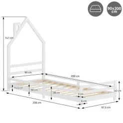 Kinderbett Haus 90x200 cm Weiß mit Matratze H:16cm Holzbett für Kinder mit Lattenrost Schornstein Design ML-Design