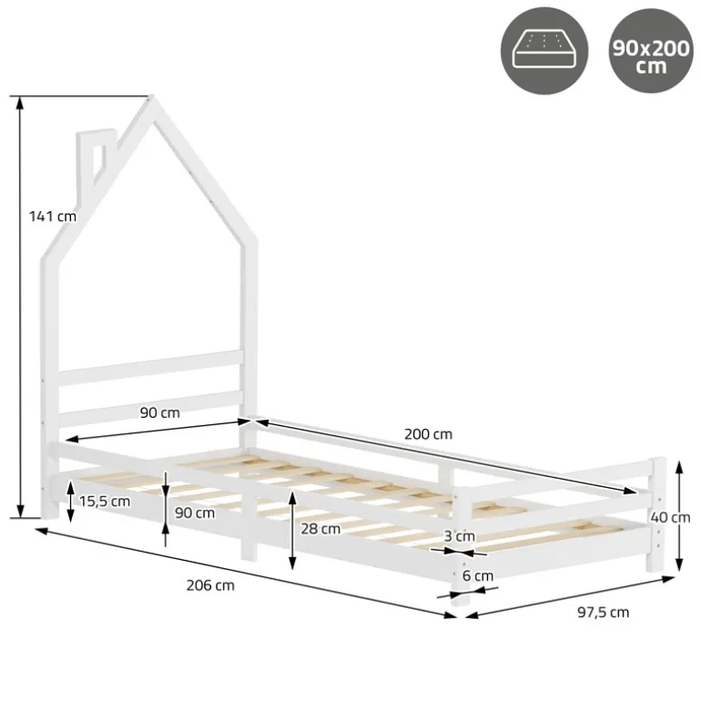 Kinderbett Haus 90x200 cm Weiß mit Matratze H:16cm Holzbett für Kinder mit Lattenrost Schornstein Design ML-Design