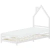 Kinderbett Haus 90x200 cm Weiß mit Matratze H:10cm Holzbett für Kinder mit Lattenrost Schornstein Design ML-Design